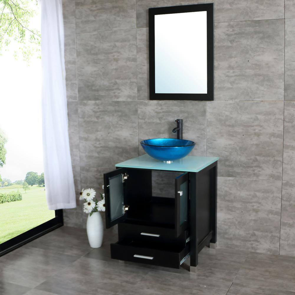 walsport 24 in. W x 21.7 in. D x 29.5 in. H Single Sink Bath Vanity in Black with Glass Top and Mirror USBR4181+USBR1003