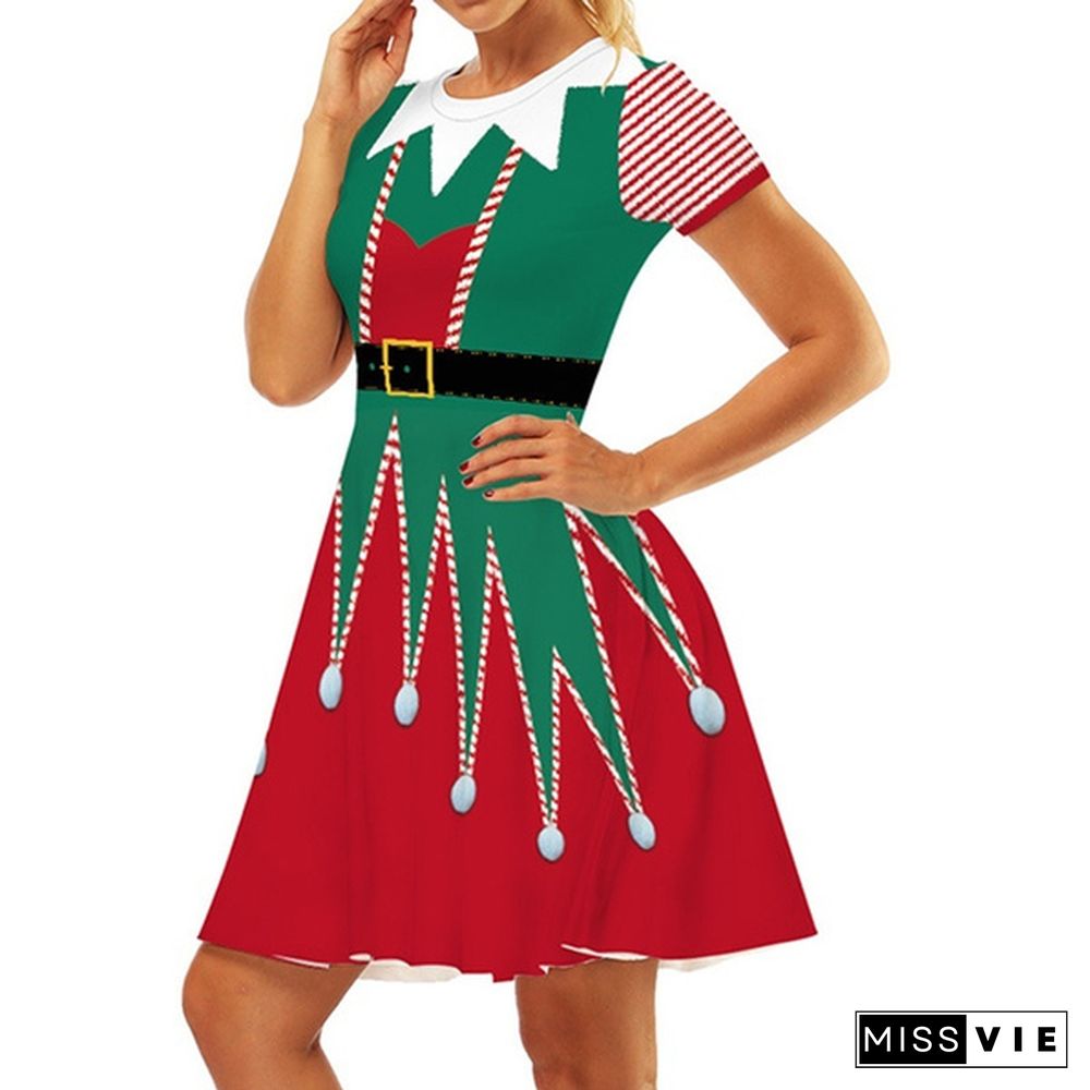 Fashion Christmas Elf Digital Print Women's Short Sleeve Slim Dress