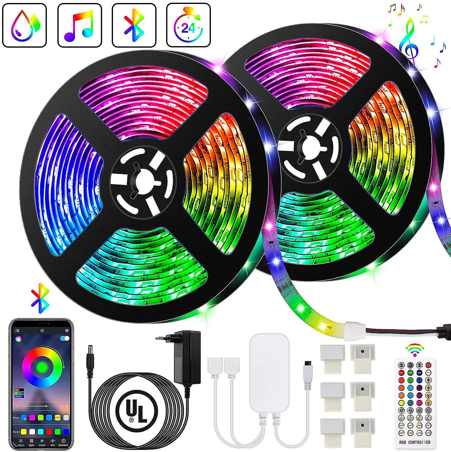 Waterproof 10m Led Strip， Rgb5050 12v Led Strip， Multicolor Ip65 With Mucial Timing Function-black