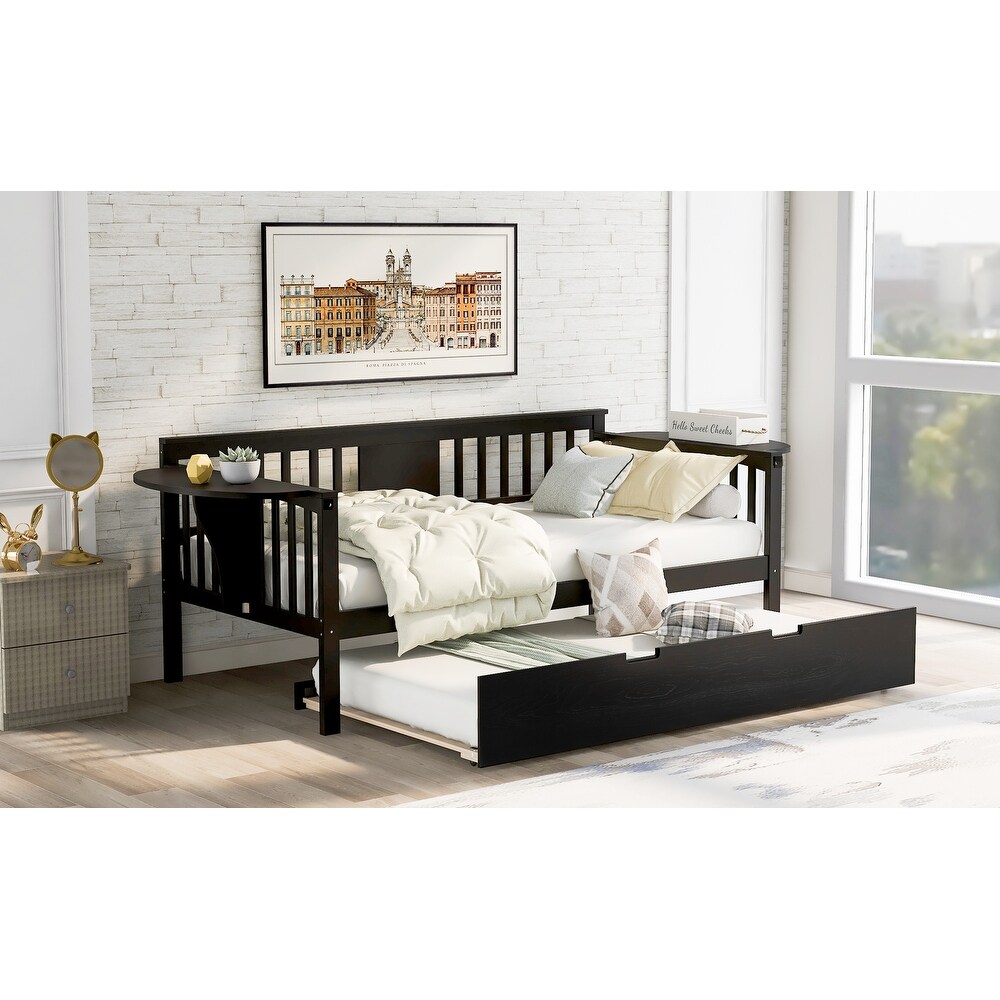 Espresso Pine Daybed with Trundle Bed  Small Side Tables