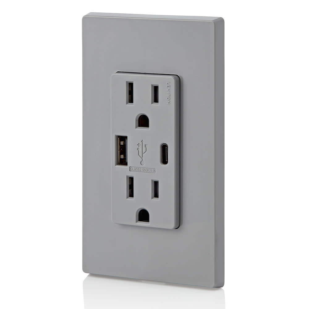 Leviton 15A 125V 5-15R Gray Outlet with USB Type A/C Charger