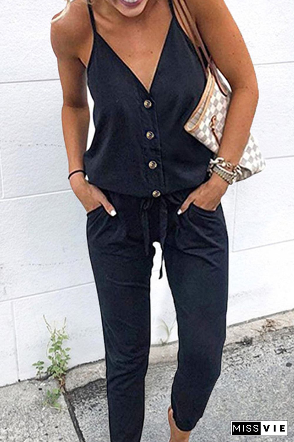 Elegant Solid Buttons With Belt V Neck Loose Jumpsuits