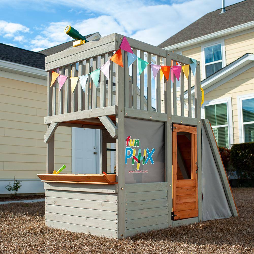 Funphix Lookout Post Outdoor Wooden Playhouse Buildable Kids Backyard Playset with Climbing Ramp WPHX-2202