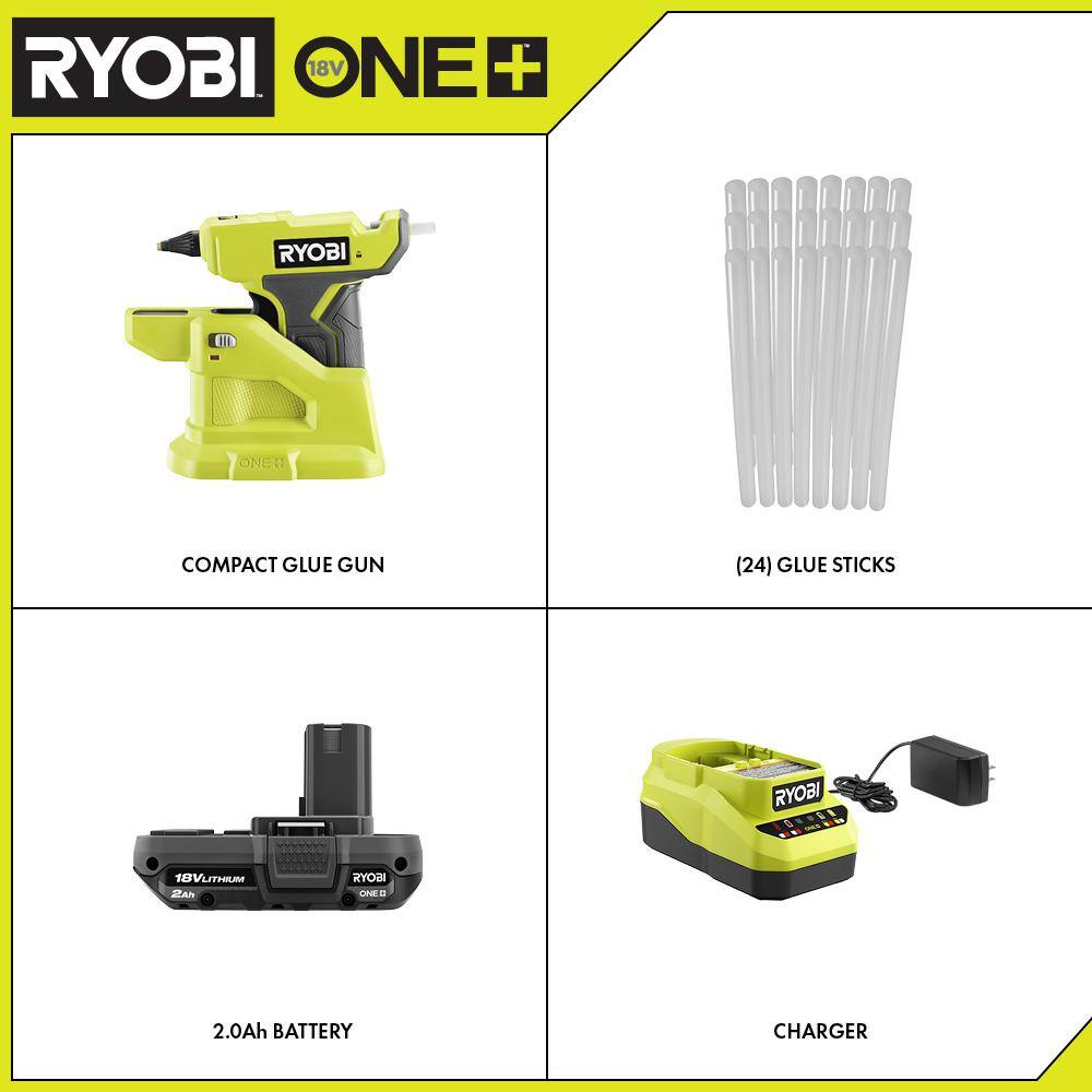 RYOBI ONE+ 18V Cordless Compact Glue Gun Kit with 2.0 Ah Battery 18V Charger and 24-Pack 516 in. x 6 in. Mini Glue Sticks P306-PSK005-A1932401