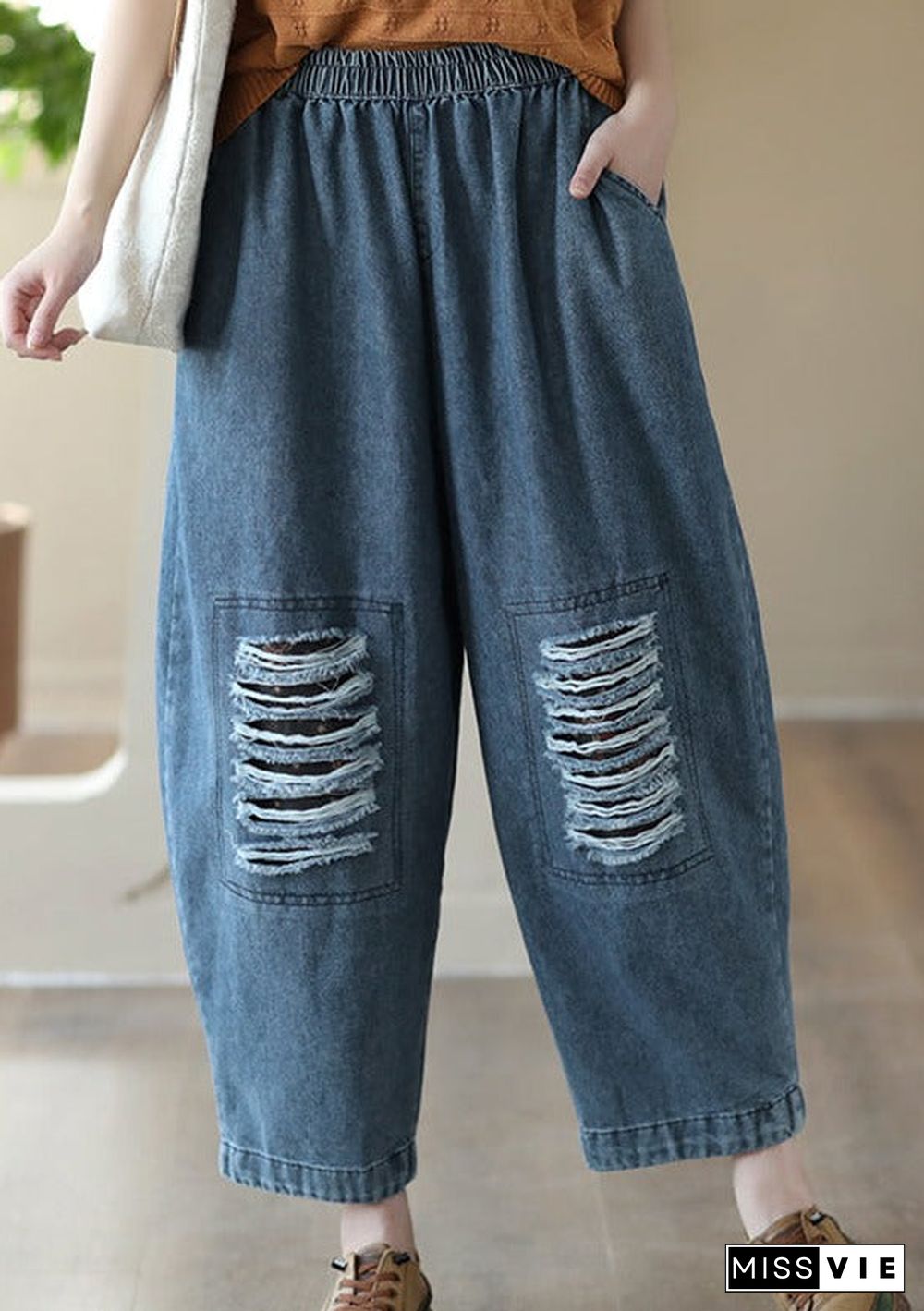 Loose Hollow Elasticity Denim Harem Pants