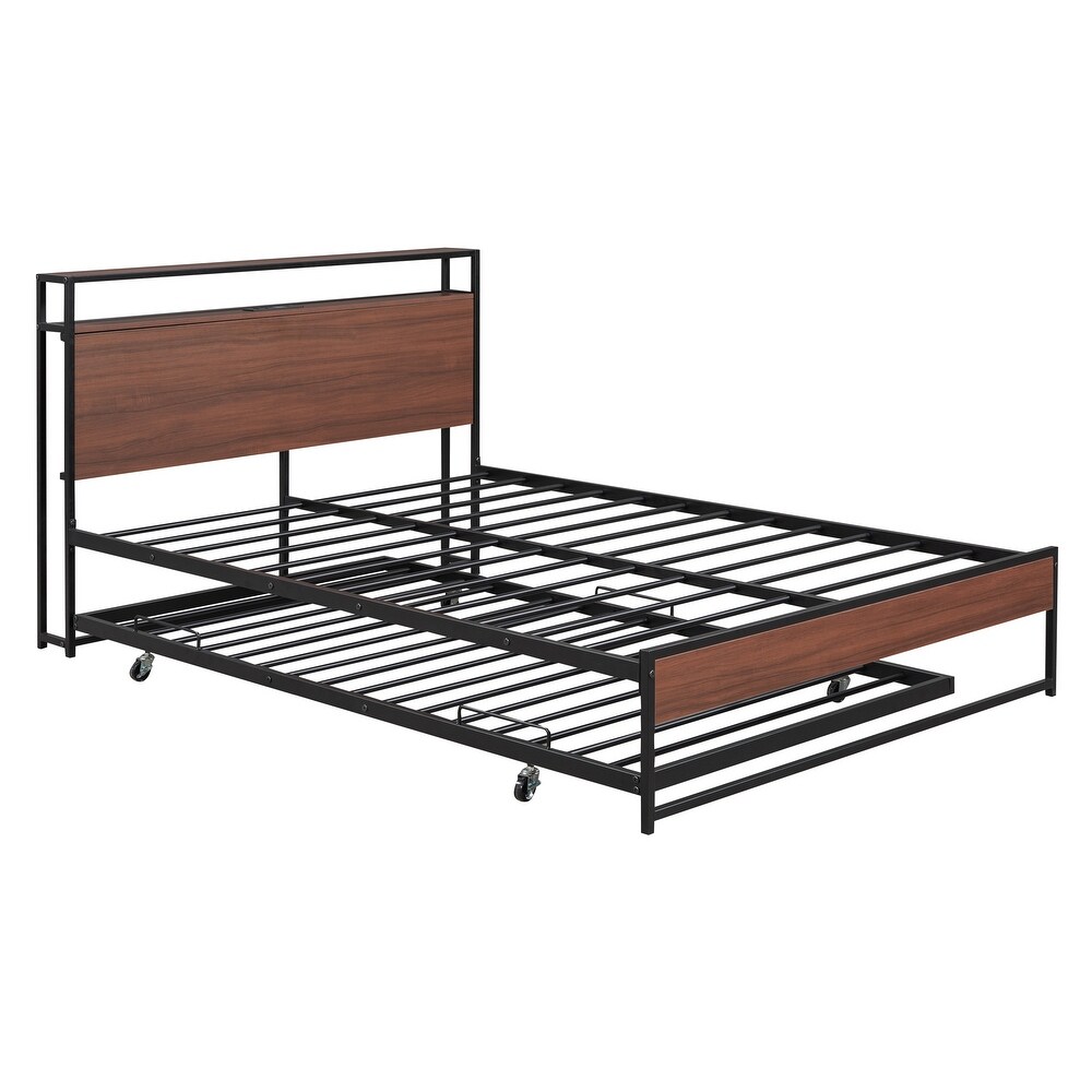 Classic Elegant Full Size Metal Platform Bed Frame with Trundle  USB Ports