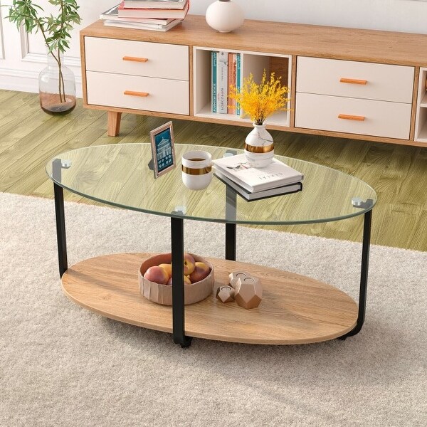 2-Tier Glass-Top Modern Coffee Table with Storage Shelf - 37