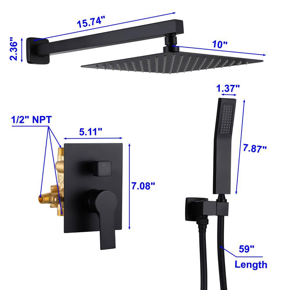 Dowell 2-Spray 10 in. Shower Head Wall Mount Fixed and Handheld Shower Head 2.5 GPM in Black with Shower Floor Drain SMDJE0531HSXS02B