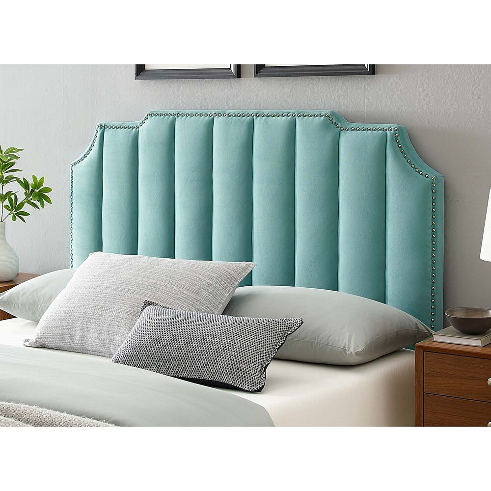 Littleton Channel Tufted Light Green Velvet Upholstered Twin Size Headboard with Nailhead Trim