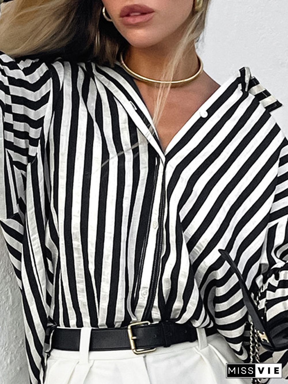 Long Sleeves Loose Split-Joint Striped Lapel Blouses