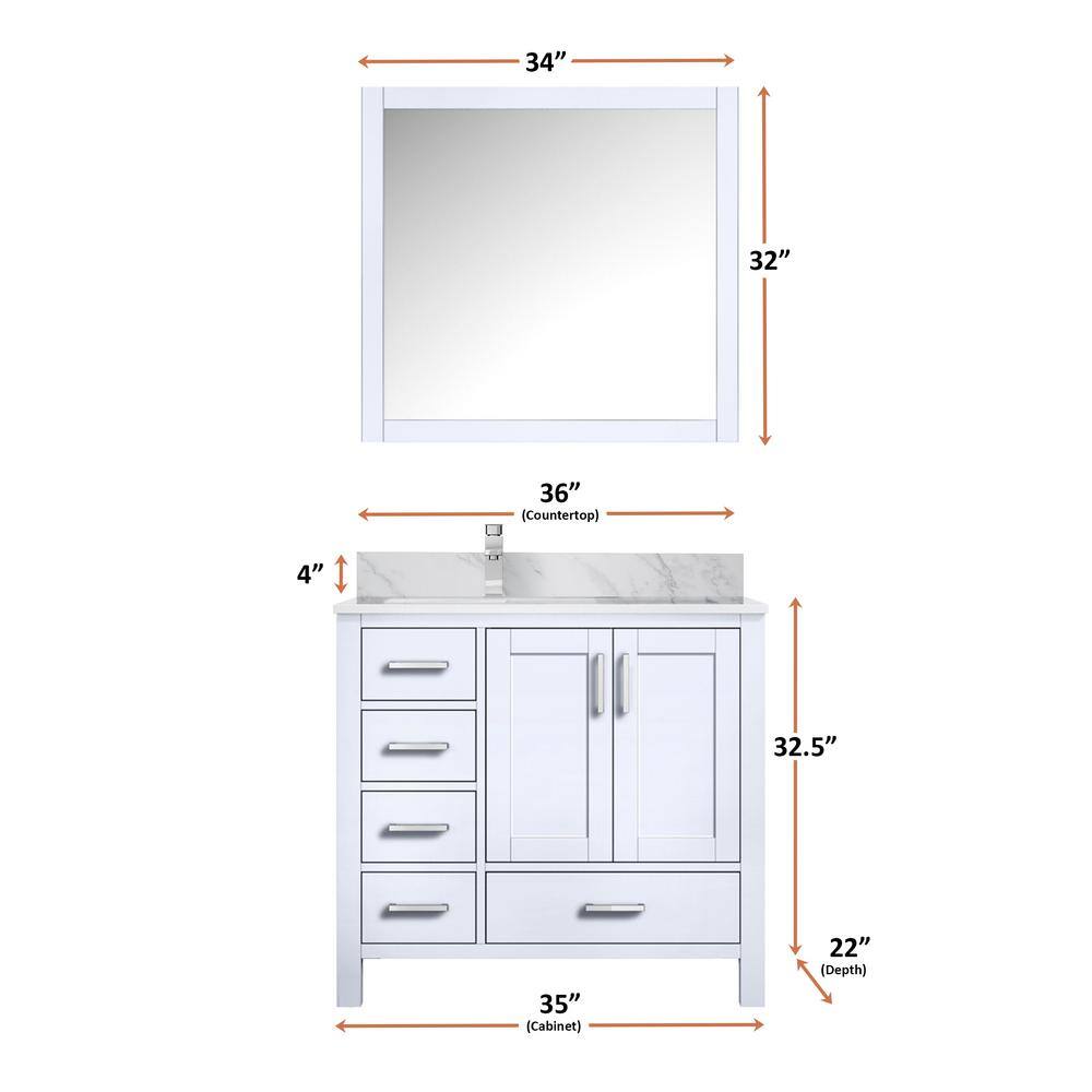 Lexora Jacques 36 in. W x 22 in. D Right Offset White Bath Vanity Carrara Marble Top and 34 in. Mirror LJ342236SADSM34R