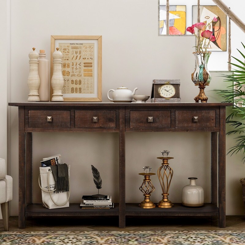 Rustic brushed textured control table with 4 storage drawers (with modern knobs)