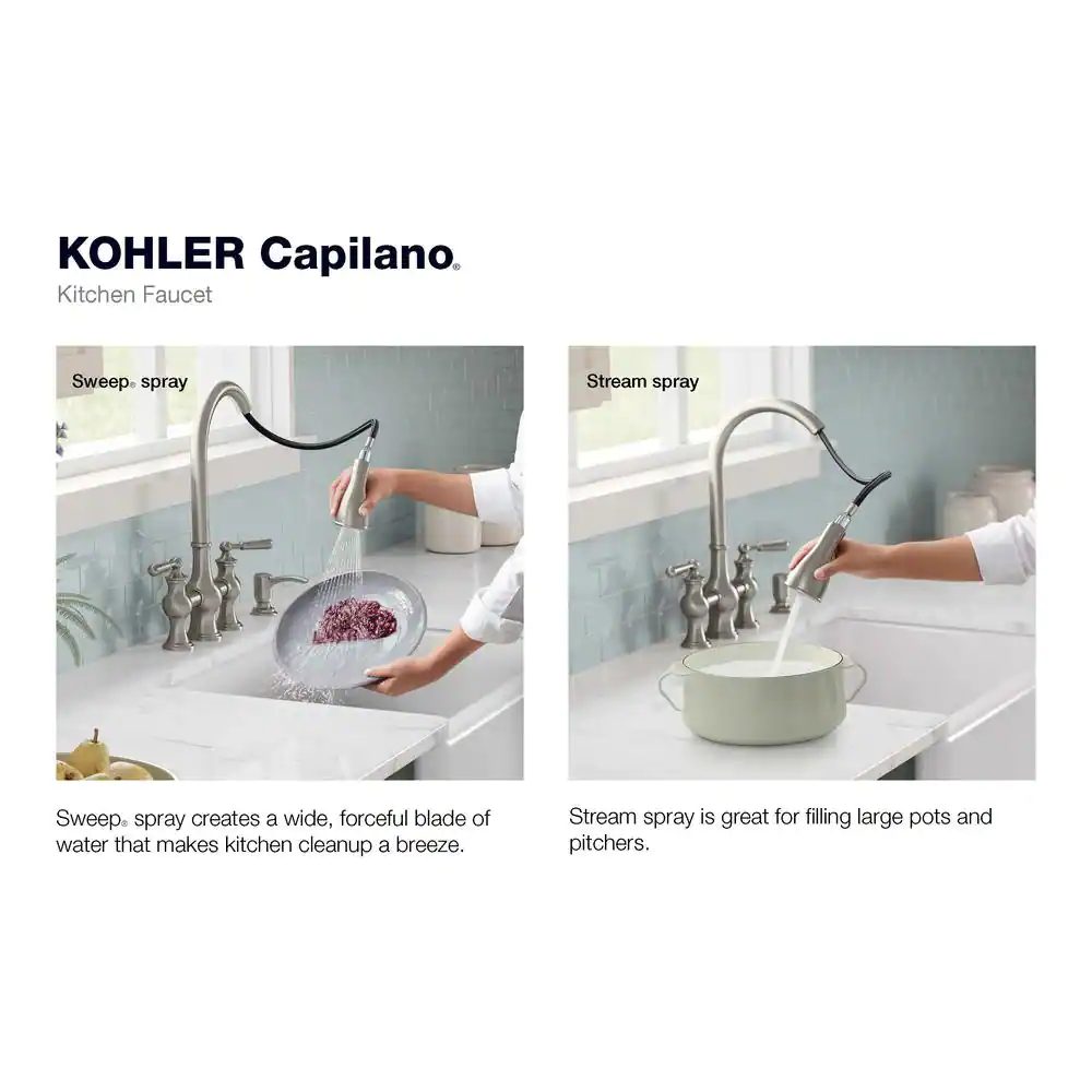 Kohler Capilano 2-Handle Bridge Farmhouse Pull-Down Kitchen Faucet With Soap Dispenser， Vibrant Stainless