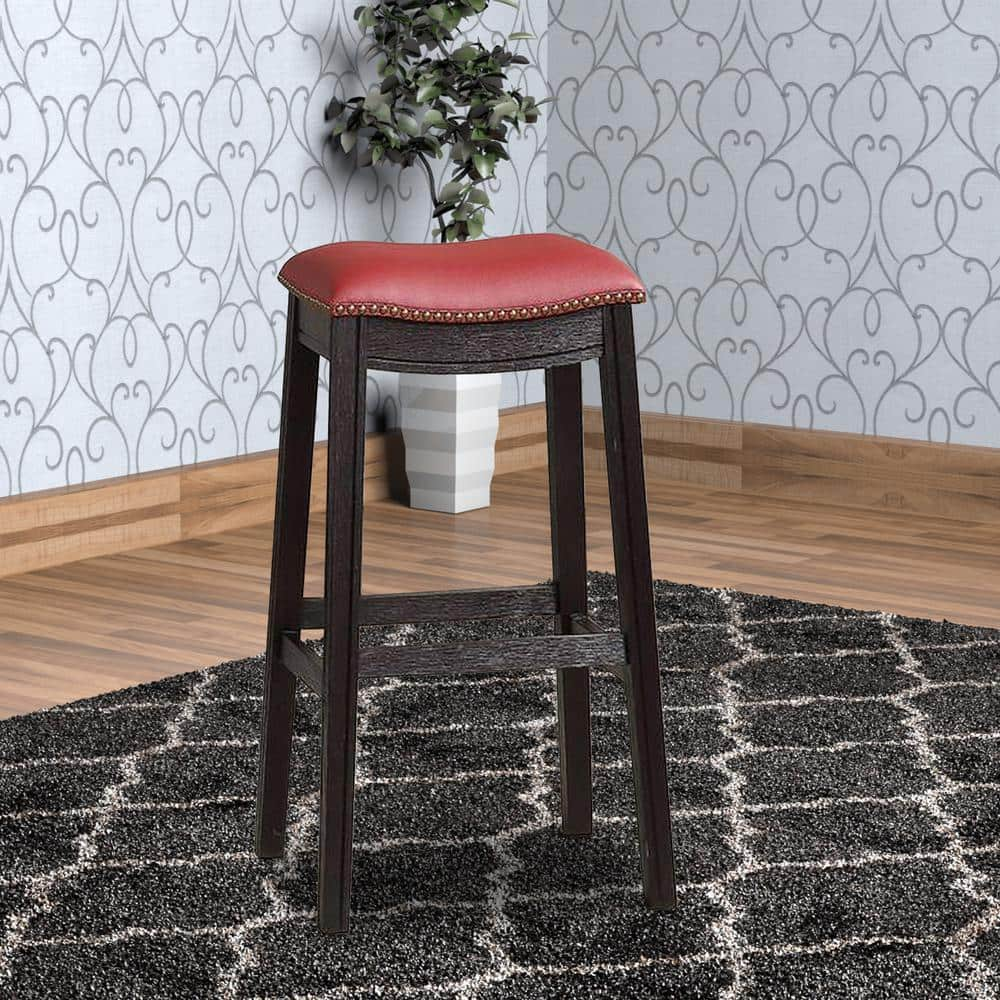 Benjara 29 in. H Gray and Red Wooden Bar Stool with Upholstered Cushion Seat (Set of 2) BM233108