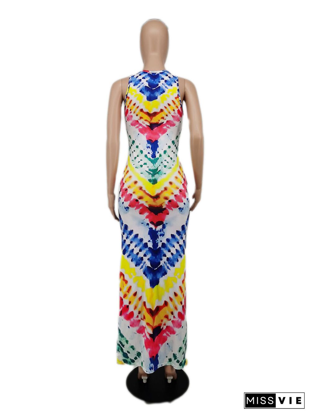 Sleeveless O Neck Tie Dye Side Slit Long Maxi Dress