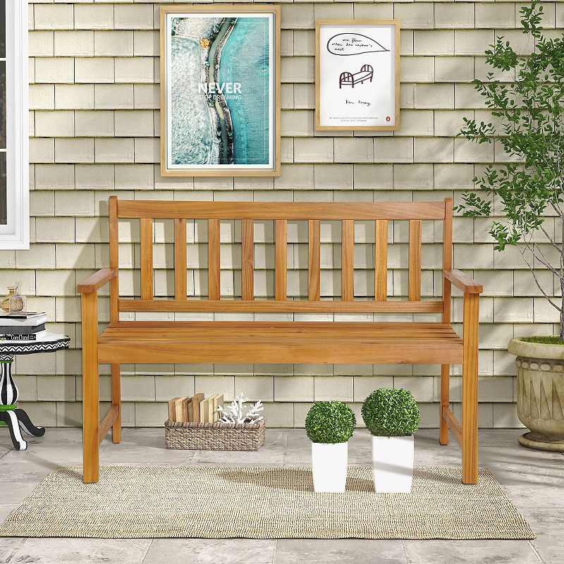 2-Person Outdoor Acacia Wood Bench with Backrest