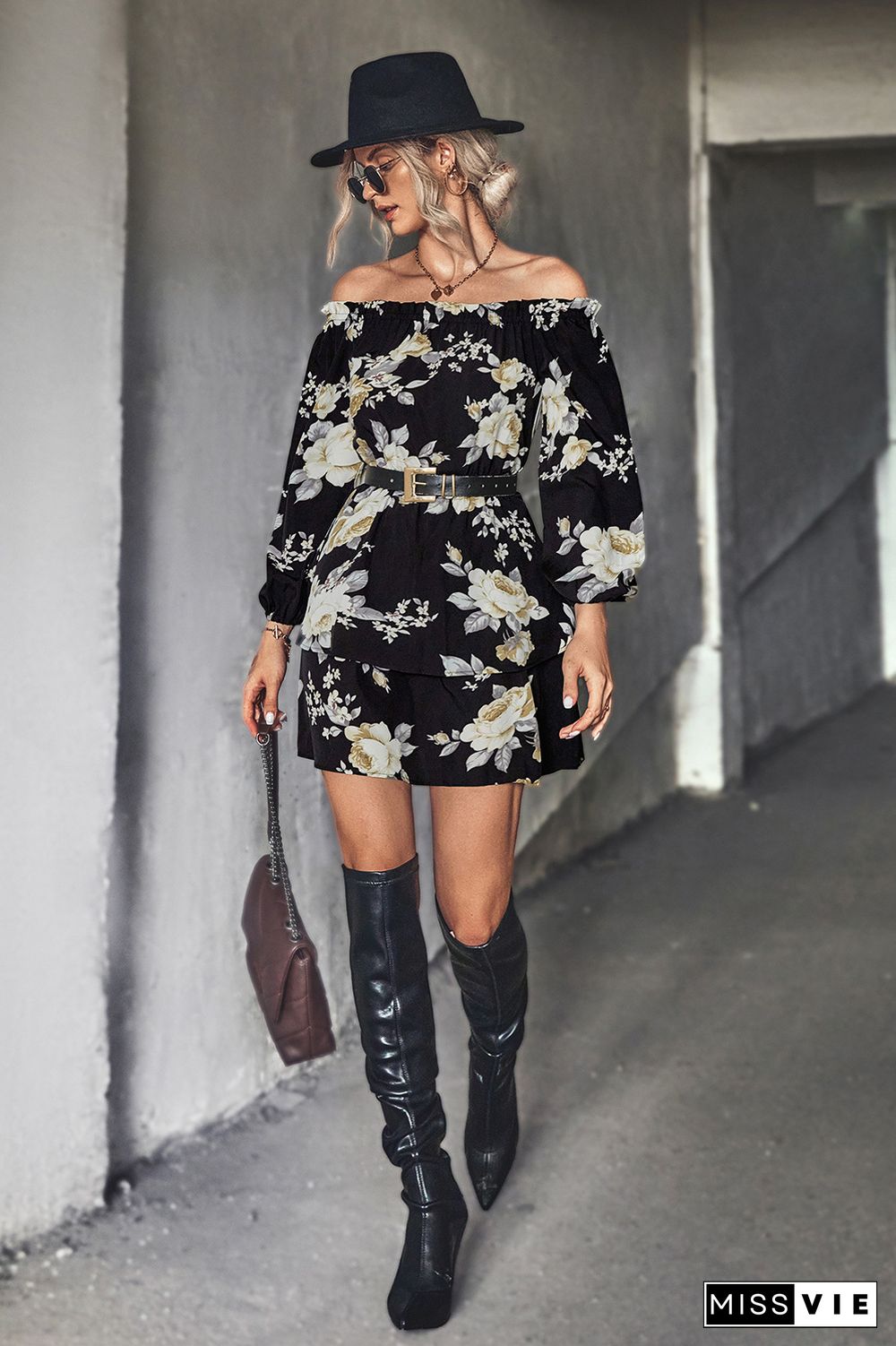 Off Shoulder High Waist Long Sleeves Floral Dress