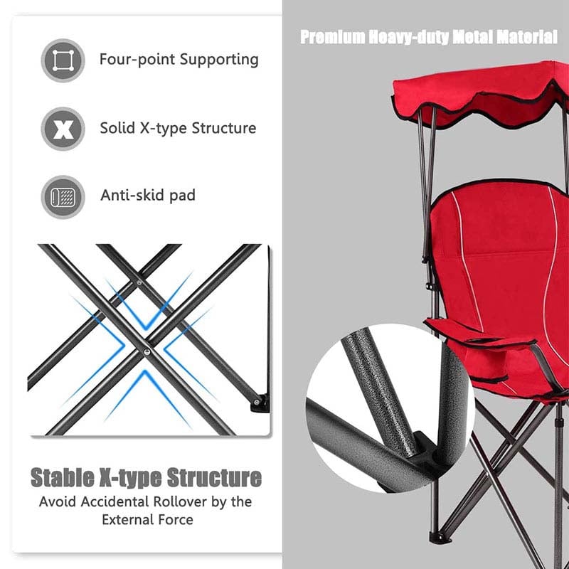 Outdoor Canopy Chair, Portable Folding Beach Chair with 2 Cup Holders, 600D PVC Fabric Camping Chair Lawn Chair