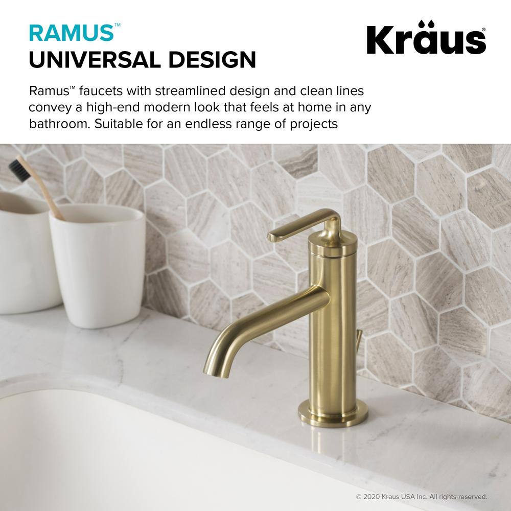 KRAUS Ramus Single Hole Single-Handle Bathroom Faucet with Matching Lift Rod Drain in Brushed Gold KBF-1221BG