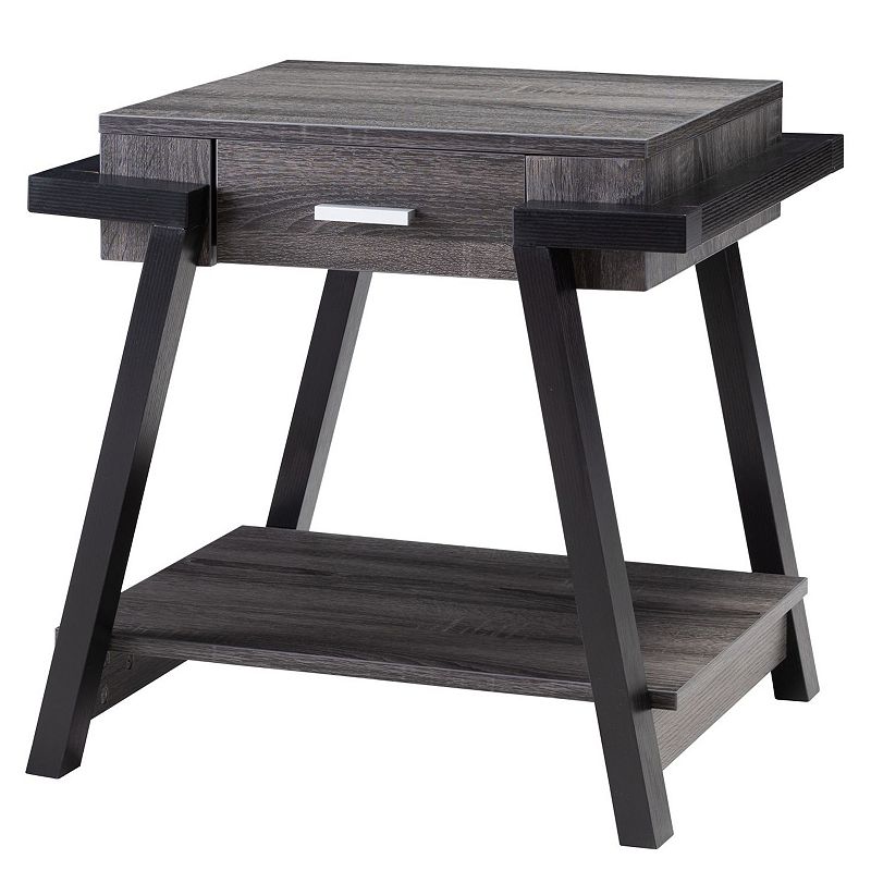 FC Design Distressed Grey and Black End Table with Drawer and Bottom Shelf