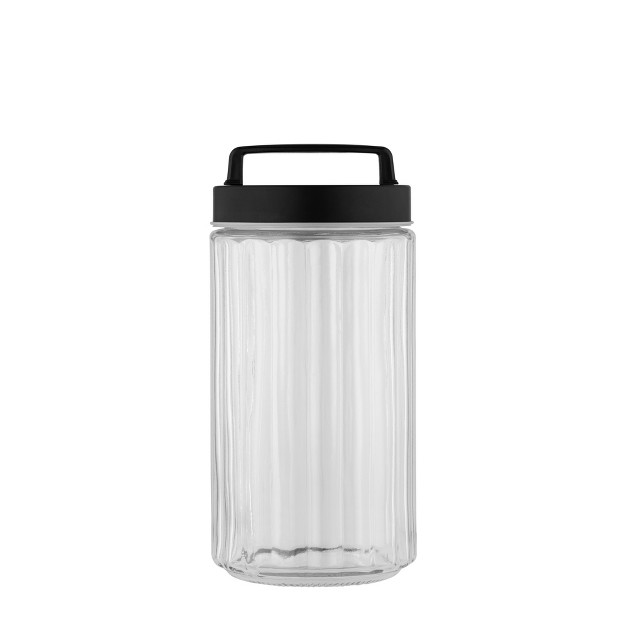 Amici Home Airtight Storage Jar Arlington Patterned Glass Container Black Metal Lid With Handle Easy To Grasp