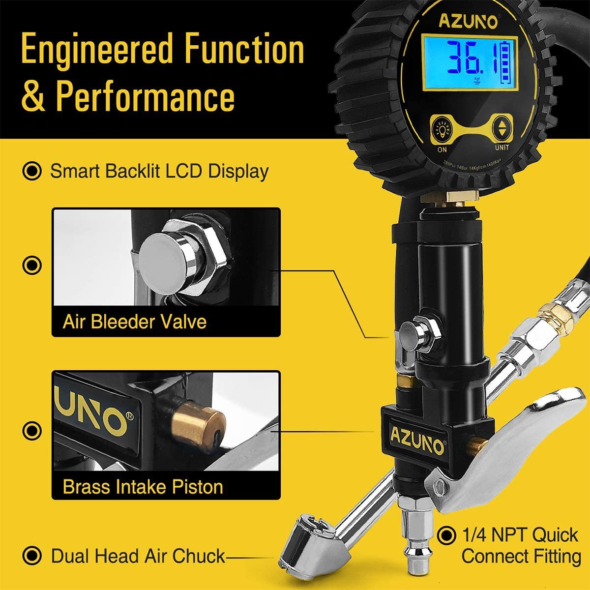 AZUNO Digital Tire Inflator with Pressure Gauge， 200 PSI