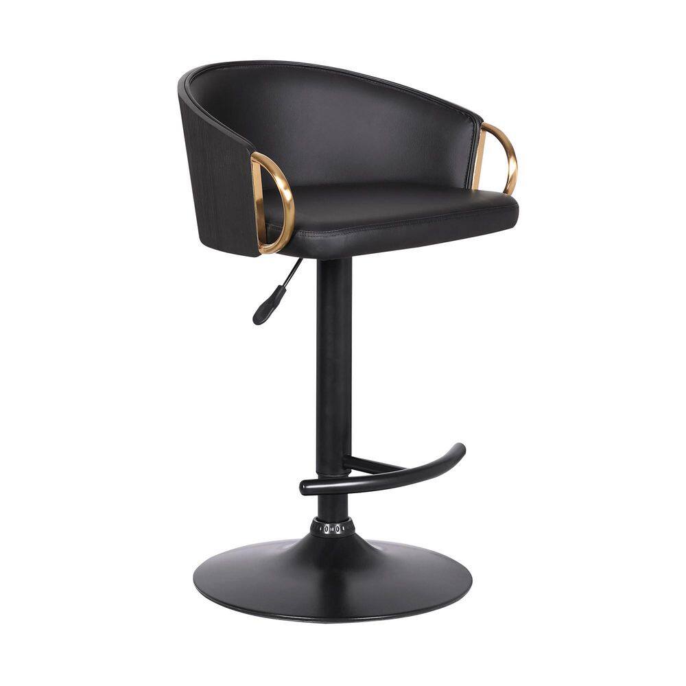 Armen Living Solstice Adjustable Black Faux Leather Swivel Barrstool With Black Powder Coated Finish and Gold Accents LCSCBABLBL