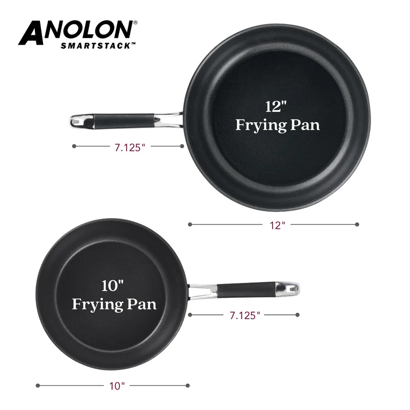 Anolon 87539 Smart Stack Hard Anodized Nonstick Frying Pan Set / Fry Pan Set / Hard Anodized Skillet Set - 10 Inch and 12 Inch， Black