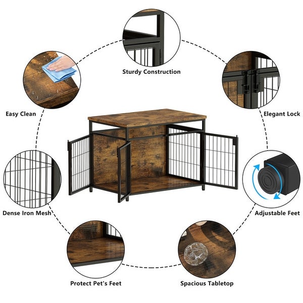 Grondin Rustic Industrial Style Wooden Dog Crate Dog Kennel with Three Lockable Doors， Indoor Pet Furniture Dog House End Table