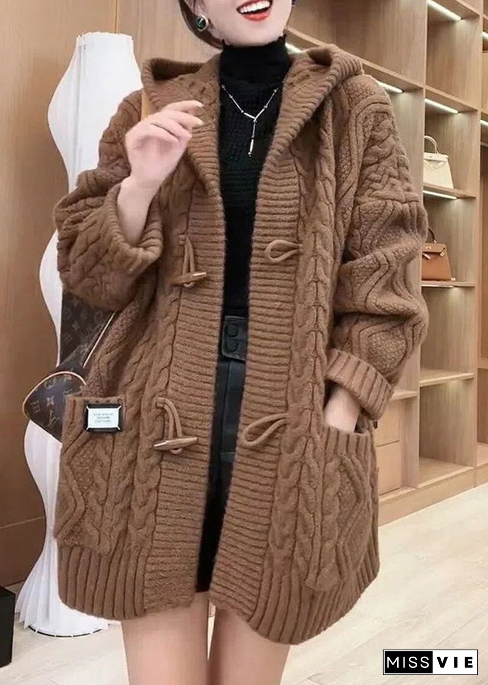 Elegant Chocolate Colour Button Cable Knit Sweaters Coats Fall