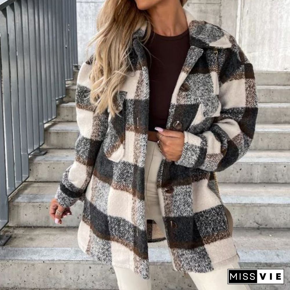 Women Elegant Plaid Print Fleece Straight Jackets Fashion Lapel Collar Button Loose Coats Casual Long Sleeve Straight Outerwear