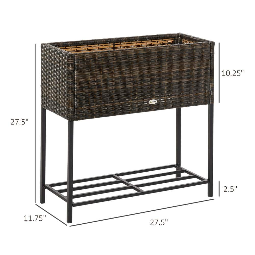 Outsunny Elevated Steel Brown Raised Garden Bed with Rattan Wicker Look， Underneath Tool Storage Rack 867-039