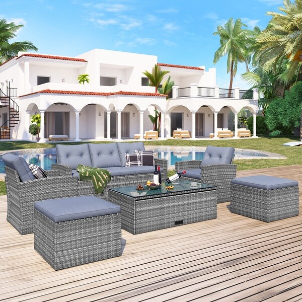 6Piece Patio Outdoor Conversation Set，AllWeather PE Rattan Sectional Sofa with Coffee Table and Ottomans