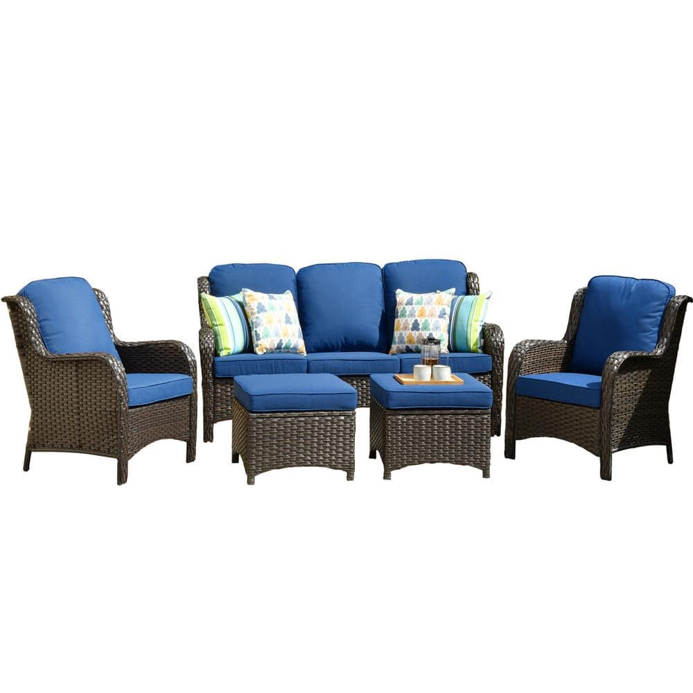 OVIOS New Kenard Brown 5-Piece Wicker Outdoor Patio Conversation Seating Set with Navy Blue Cushions NTC700