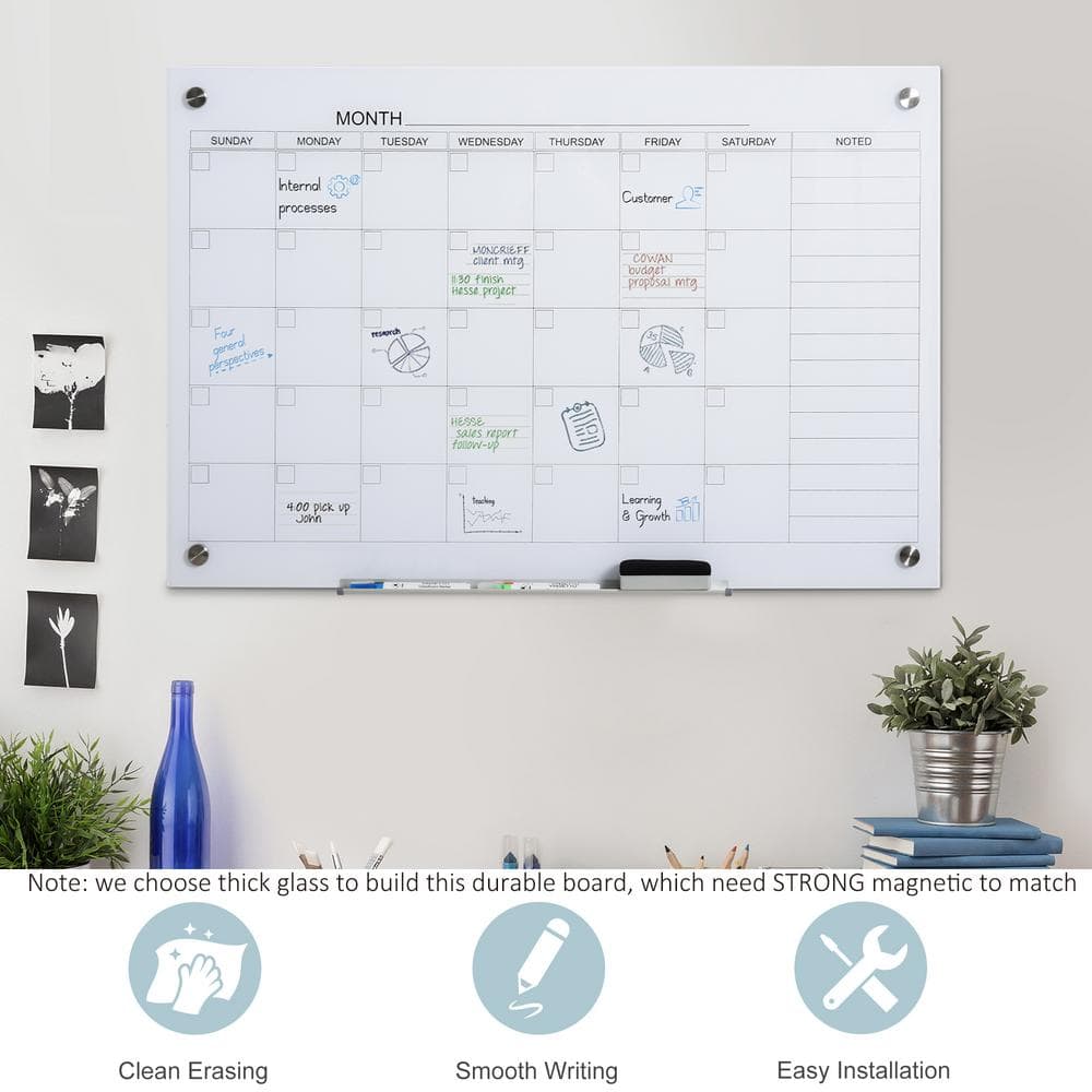 Vinsetto 35 in. x 23 in. Dry Erase Calendar Glassboard with Markers and Eraser Included 911-014