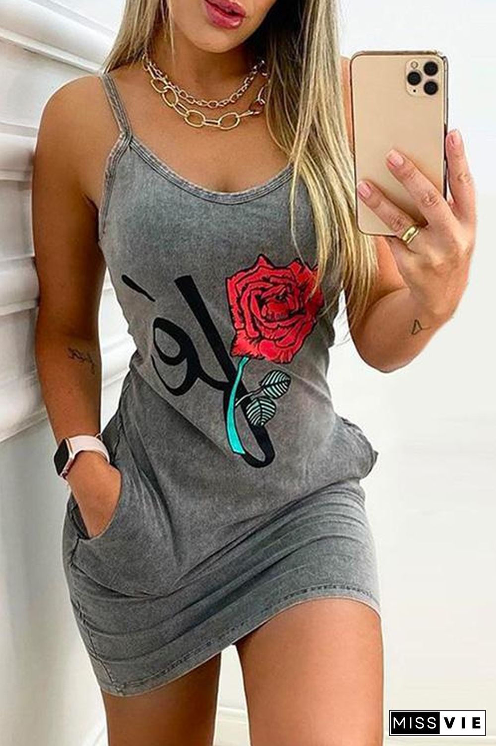 Scoop Neck Rose Printed Bodycon Cami Dress