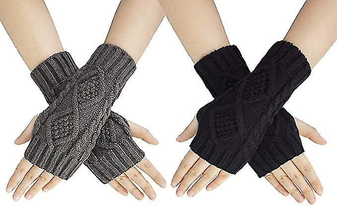 Women Fingerless Gloves， Winter Warm Arm Gloves Wrist Arm Warmers Knit Mittens Half Finger Gloves For Ladies Girls2pairsblack + Grey