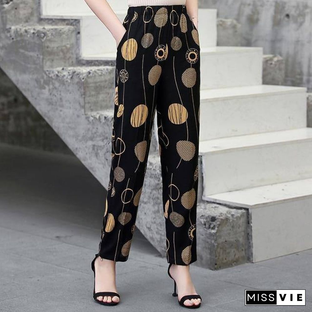 22 Colors Women Summer Casual Pencil Pants XL-5XL Plus Size High Waist Pants Printed Elastic Waist Middle Aged Women Pants