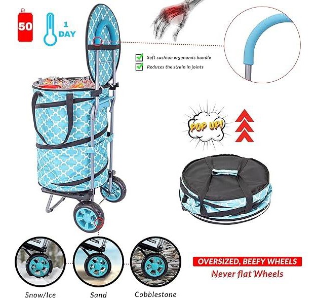 Dbest Products Bigger Cooler Trolley Dolly Insulated Folding Moroccan Tile Shopping Cart With Removable Bag Rolling Beach Tote Cooler