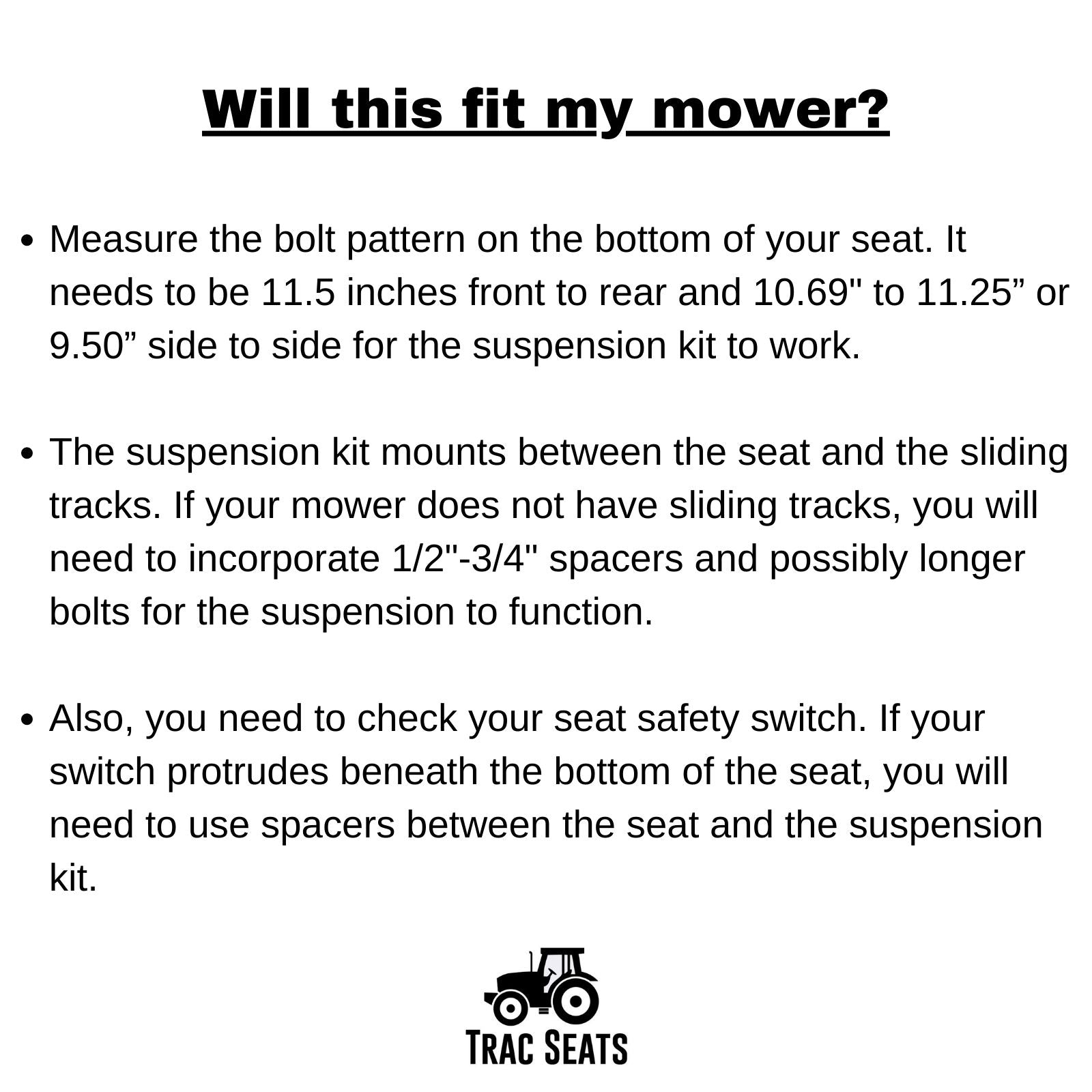 TRAC SEATS Seat Suspension Kit For Zero Turn Lawn Mower Tractor John Deere， Hustler， Z TRAK， Kubota， Exmark - - 1 YEAR WARRANTY