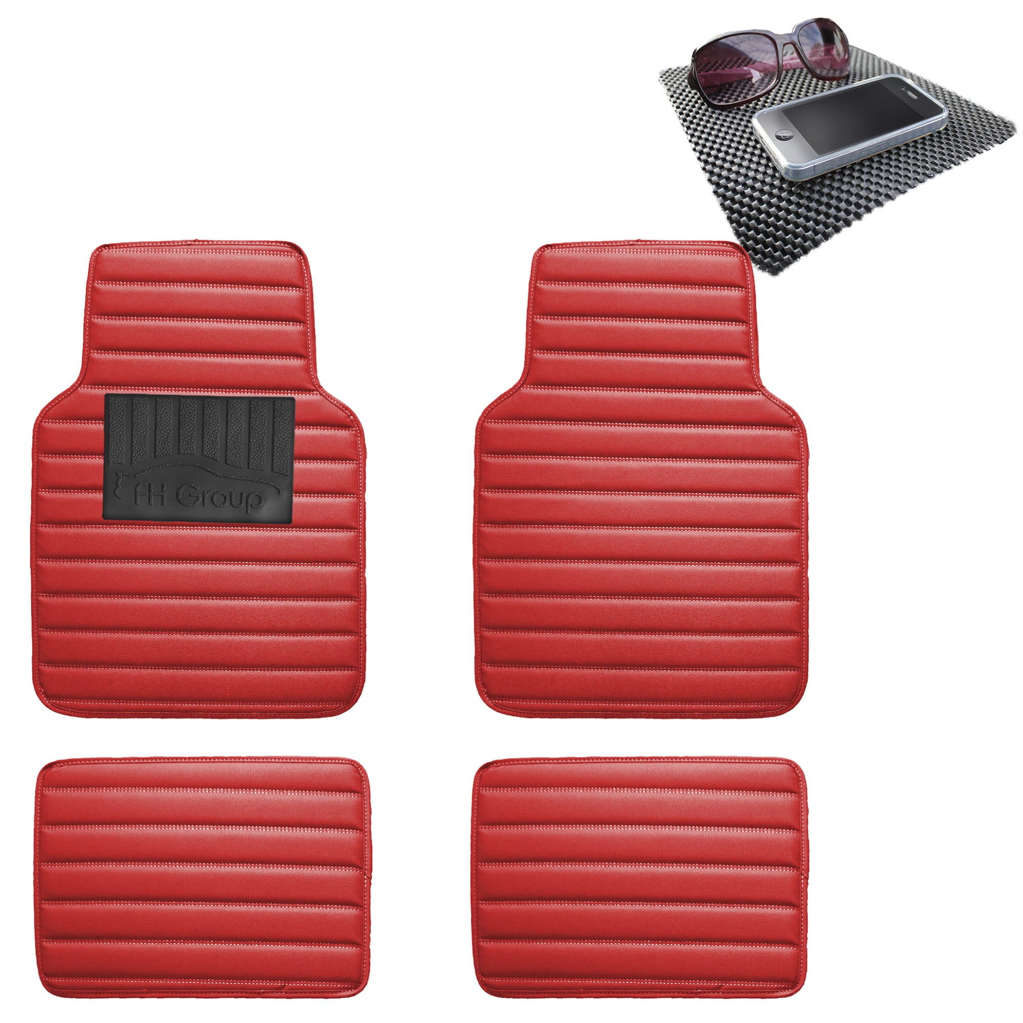 FH Group Auto Floor Mats Leather Universal Fitment For Car SUV Red w/ Black Dash Pad