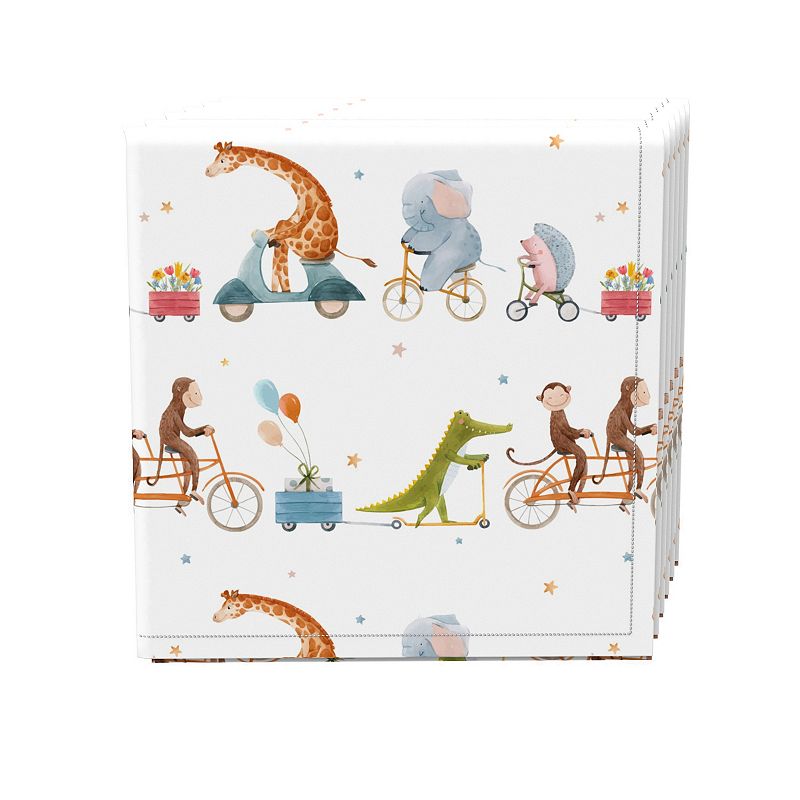 Napkin Set， 100% Polyester， Set of 4， 18x18， Animals on Bikes Design