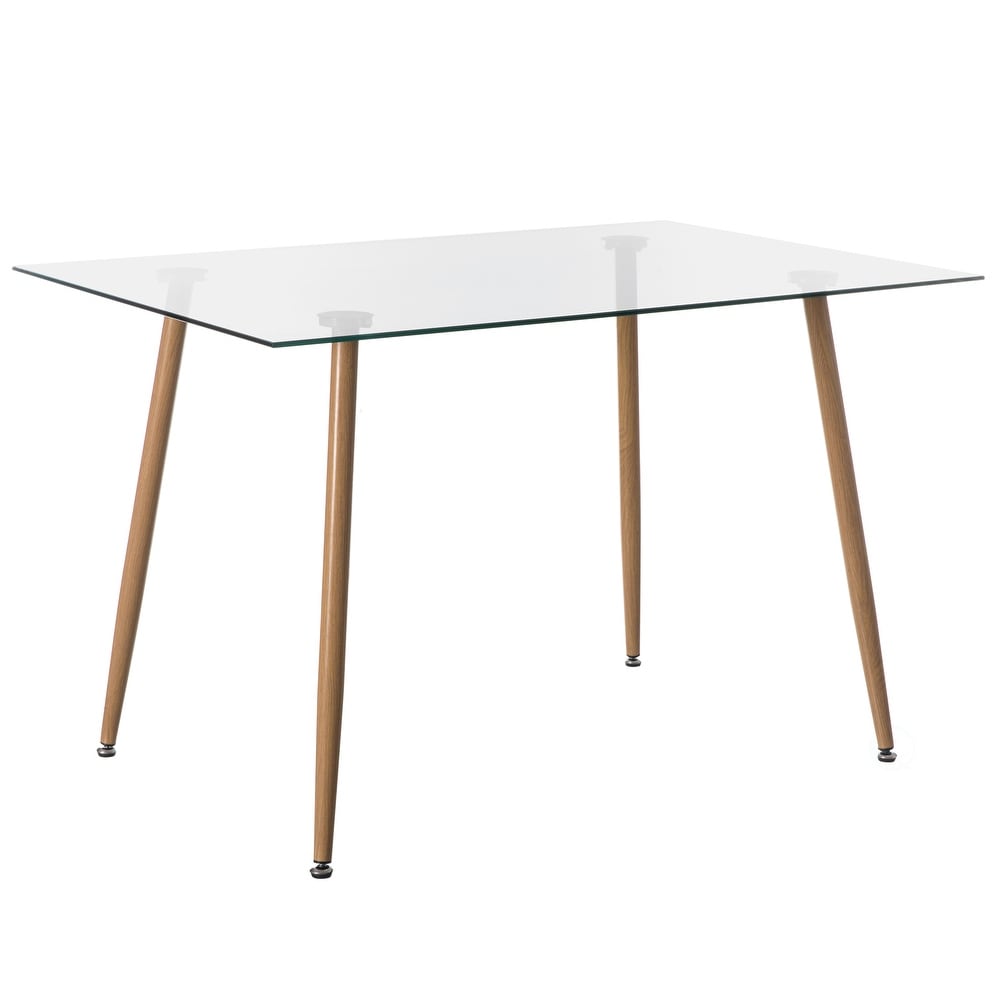 Rectangle Glass Top Accent Dining Table with Solid Wood Legs  Modern Space Saving Small Leisure Tea Desk Clear