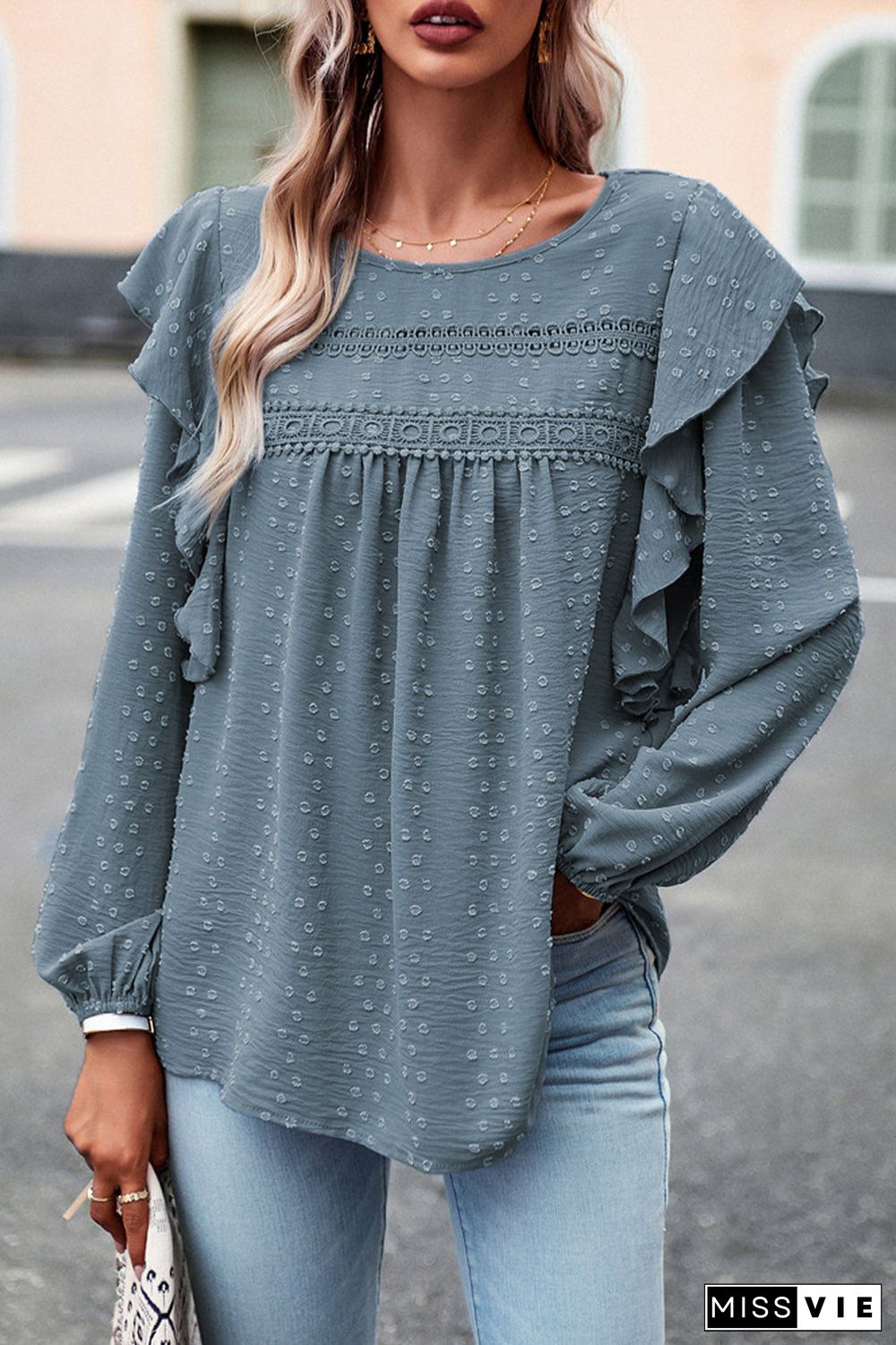 Lace Eyelet Ruffle Shoulder Long Sleeve Blouse