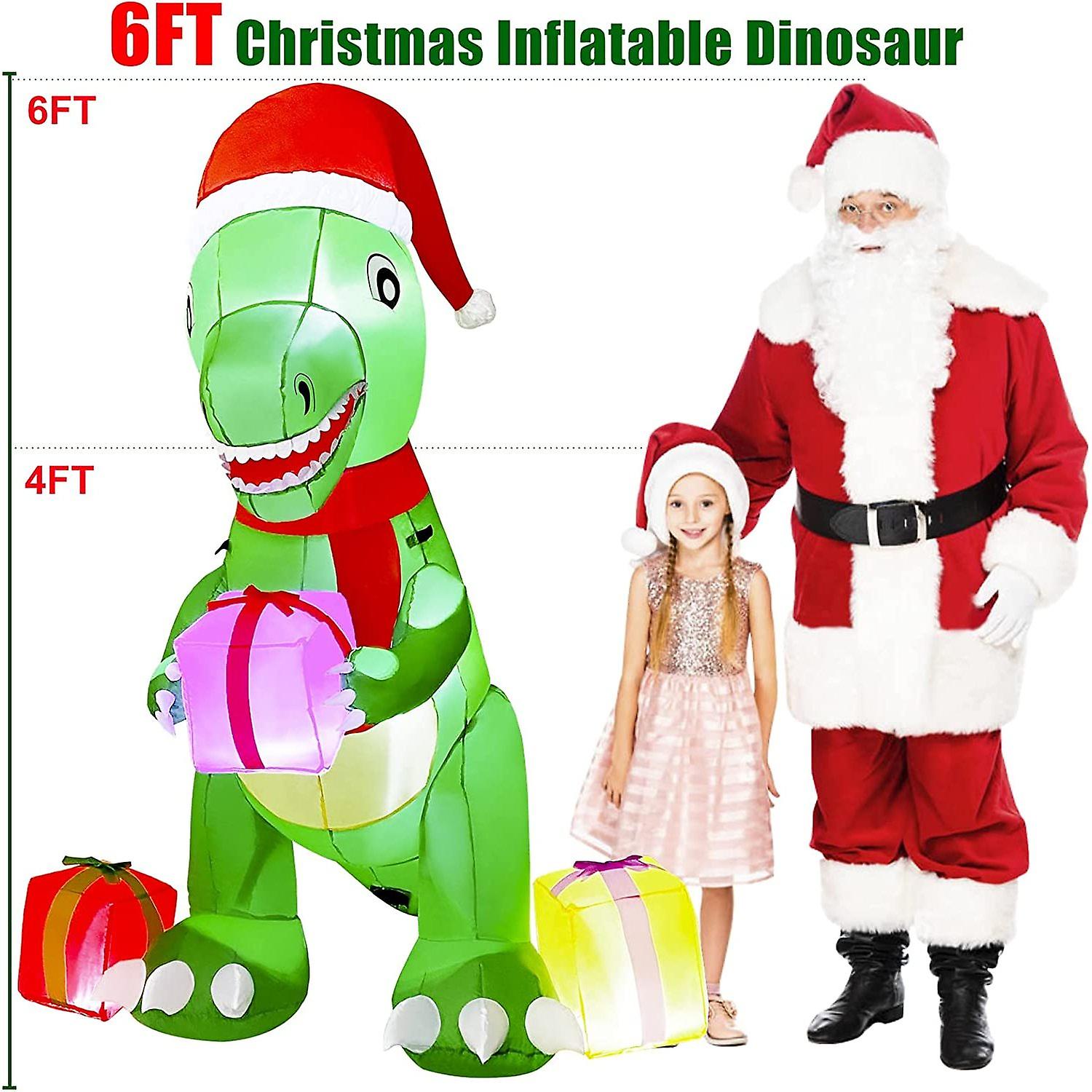 Christmas Inflatable Decoration 6ft Cute Dinosaur Give Gifts， Blow Up Christmas Dinosaur Inflatable With Build-in Leds For Xmas Party Indoor， Outdoor，