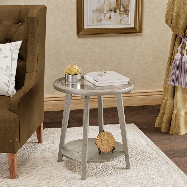 COSIEST Modern Wood Antique Silver 2-Tier Round End Table with Tempered Glass Top - 22