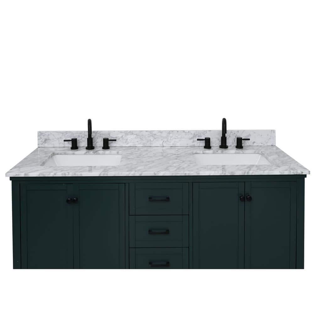 Home Decorators Collection 61 in W x 22 in D Bianco Carrara White Marble Double Basin Vanity Top with White Basins