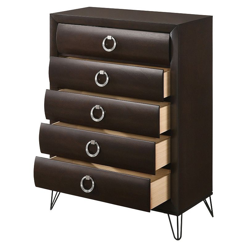 5 Drawer Wooden Chest with Metal Ring Handles and Harpin Legs， Brown