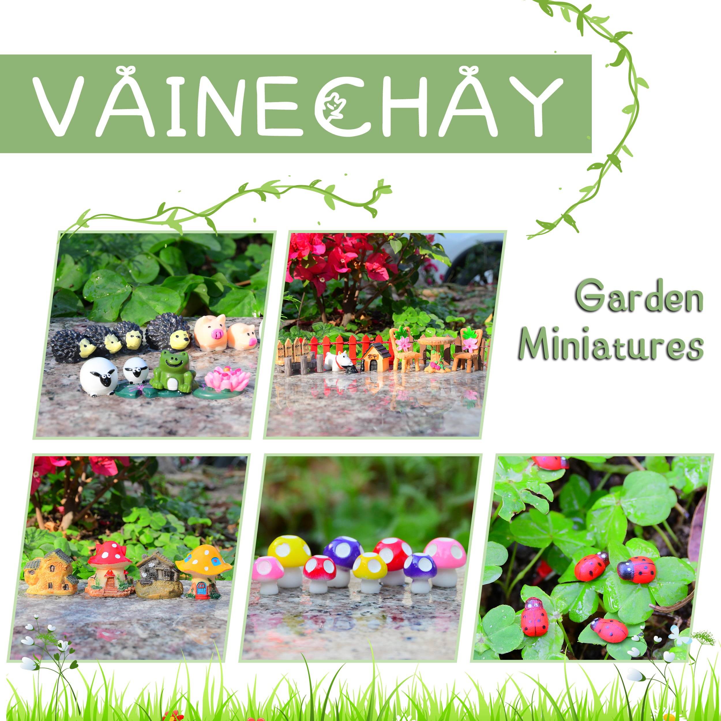 VAINECHAY 53pcs Miniature Fairy Garden Outdoor Accessories Ornament Statues Decoration Kit Home Decor Mini Resin Figurine Animal Chair Mushroom Houses Gift