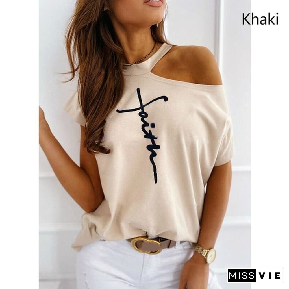 Plus Size Off Shoulder Print T Shirt Women Loose Casual Summer T-shirt Short Sleeve Cotton Tops